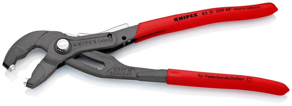KNIPEX Federbandschellenzange mit Feststeller mit rutschhemmendem Kunststoff überzogen grau atramentiert 250 mm