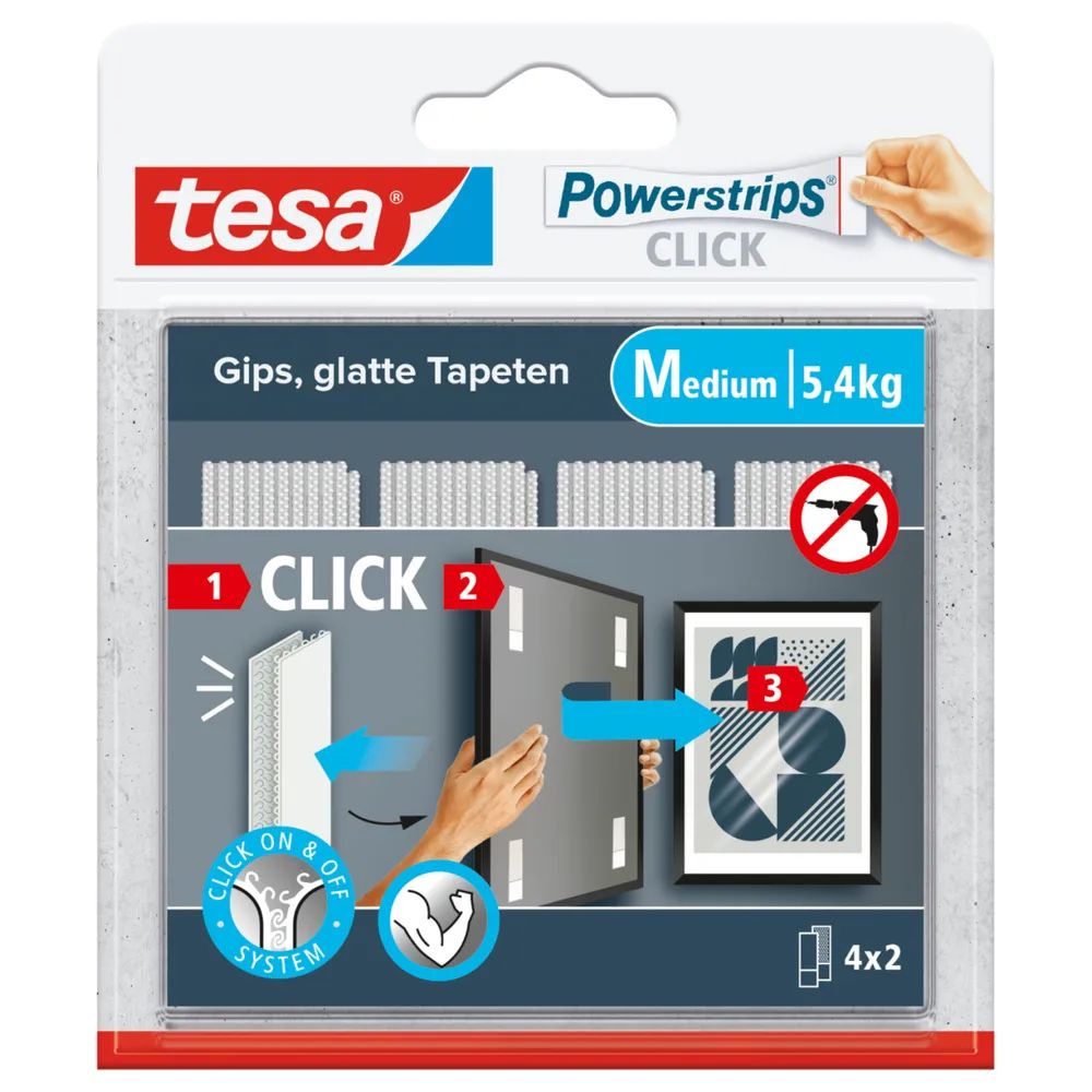tesa® Powerstrips CLICK Klett-Klebepads, Medium 5,4kg (4 x 2 Stück)