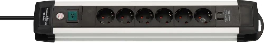 Hugo Brennenstuhl GmbH & Co. KG Premium-Alu-Line Steckdosenleiste 6-fach (Typ F) mit USB C PD 30W und USB A 18W 3m H05VV-F3G1,5