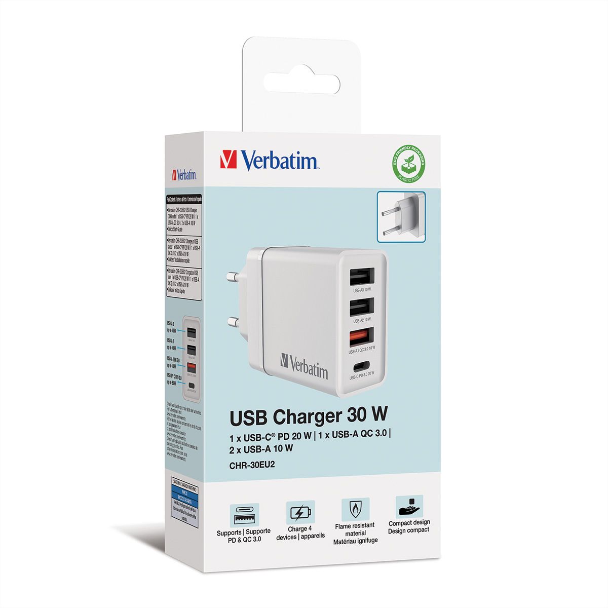 Verbatim Netzteil - 30 Watt - 5 A - PD 3.0, QC 3.0 - 4 Ausgabeanschlussstellen (24 pin USB-C, 3 x USB Typ A)