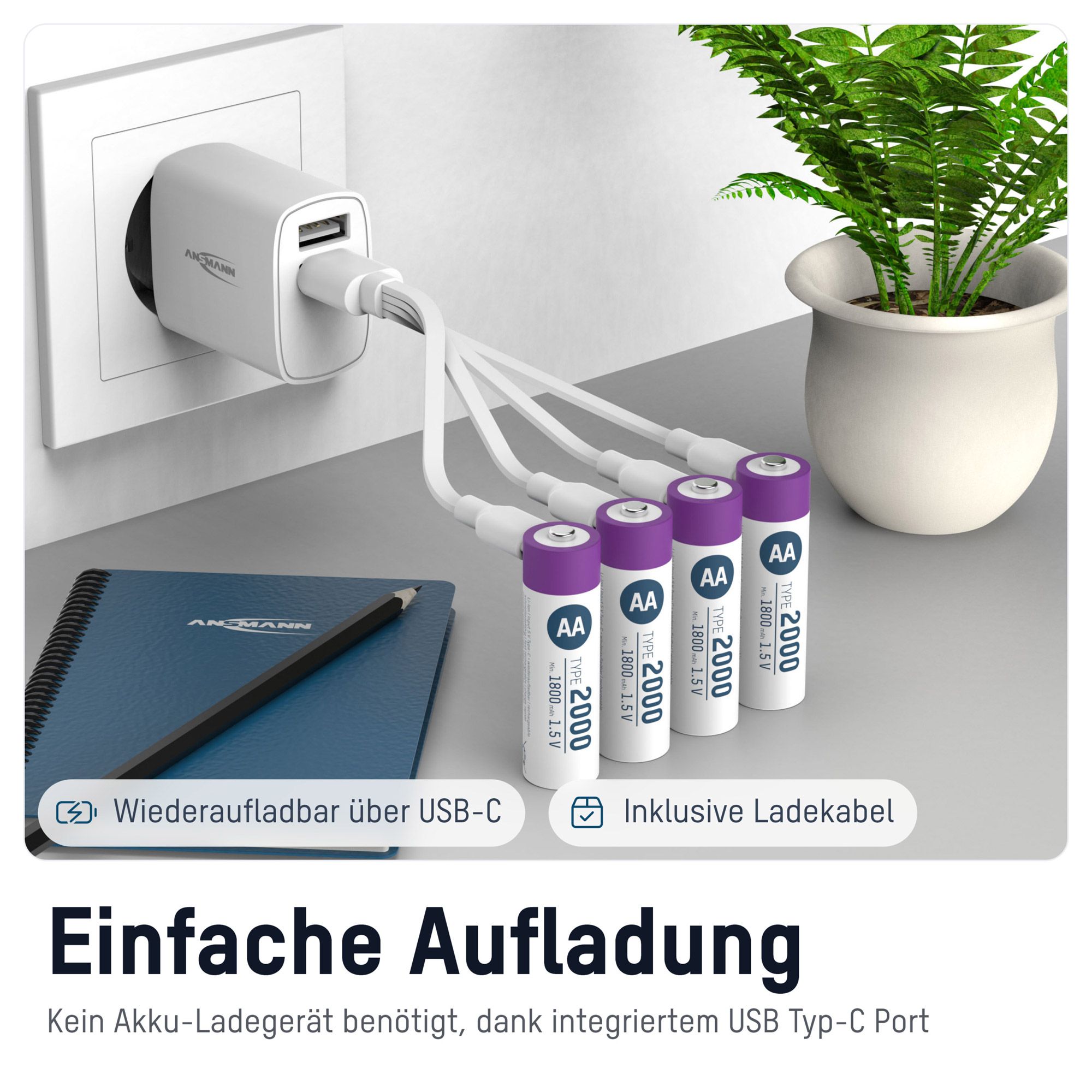 Ansmann 1312-0036 - Wiederaufladbarer Akku - AA - Lithium-Ion (Li-Ion) - 1,5 V - 4 Stück(e) - 1800 mAh