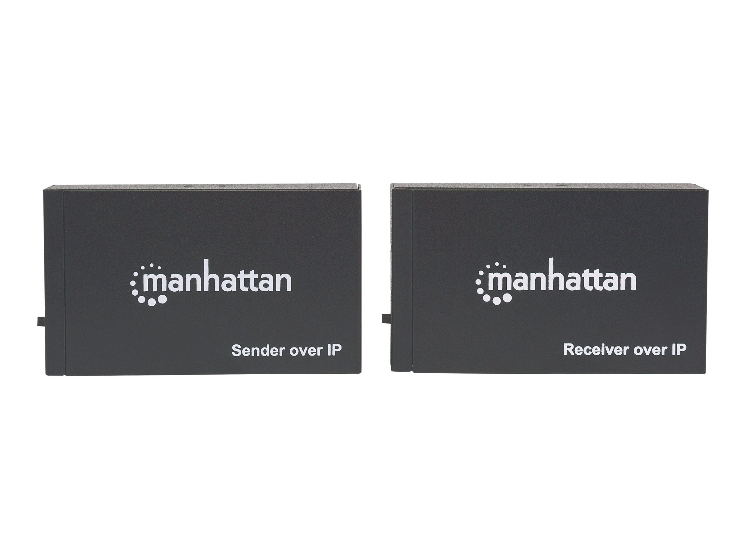 Manhattan 1080p HDMI over IP Extender Kit, Extends 1080p Signal up to 120m with a Network Switch and Single Ethernet Cable, IR Support, Black, Three Year Warranty, Box