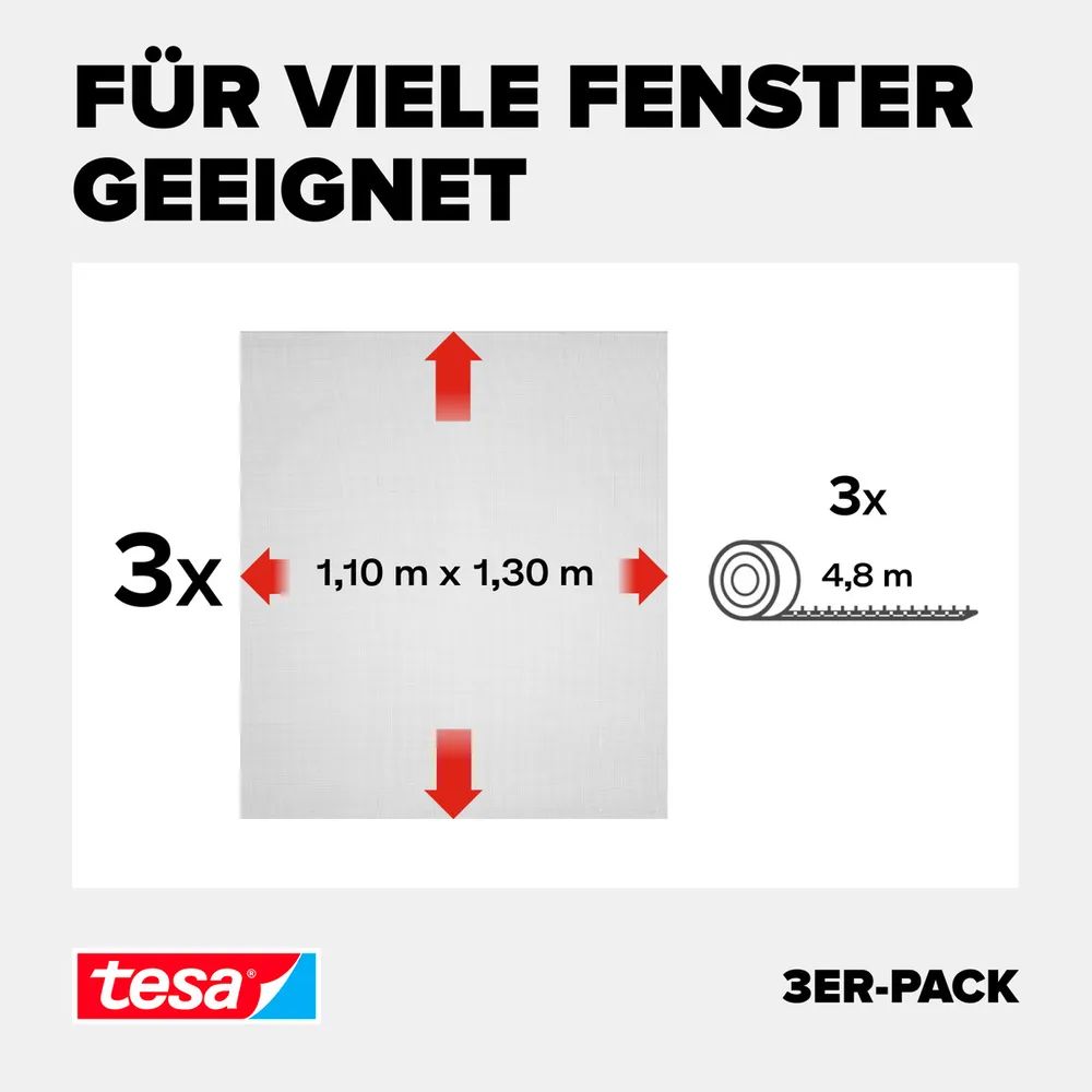 tesa® Fliegengitter Standard 3er-Pack 1,10 × 1,30m, anthrazit, zuverlässiger Insektenschutz