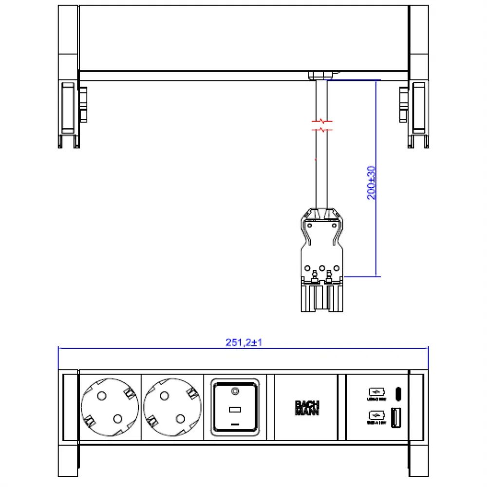 BACHMANN DESK2 ALU WHITE 2xCEE7/3 1xSchalter 1xUSB A/C 22W 0,2m