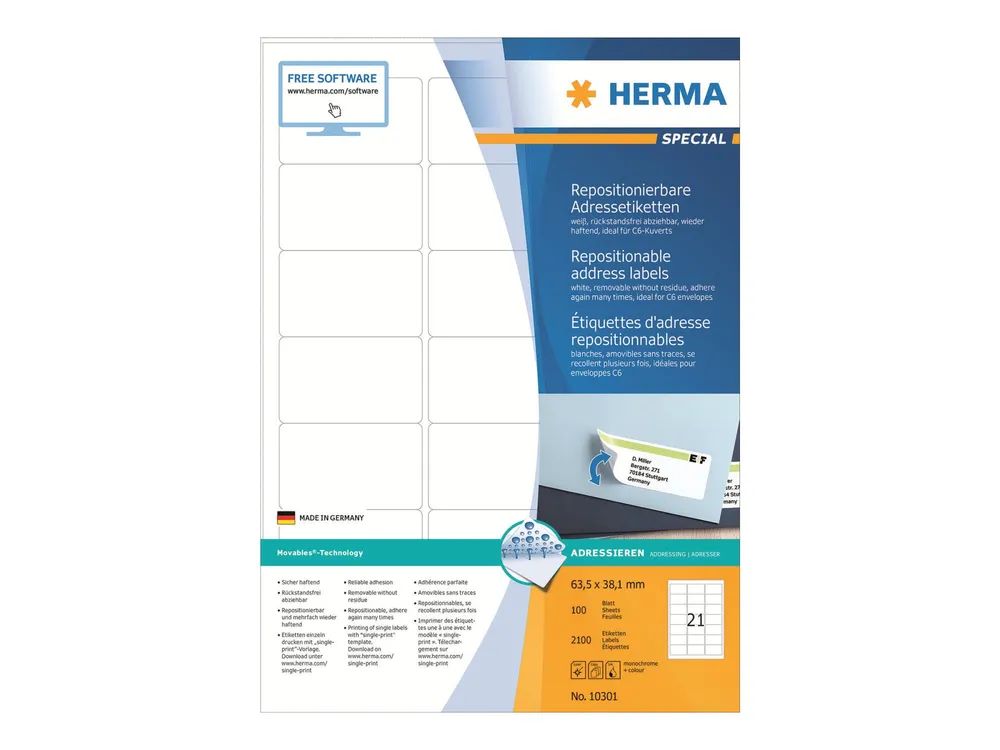 HERMA Special - Papier - matt - selbstklebend, neu positionierbar - weiß - 63.5 x 38.1 mm 2100 Etikett(en) (100 Bogen x 21)