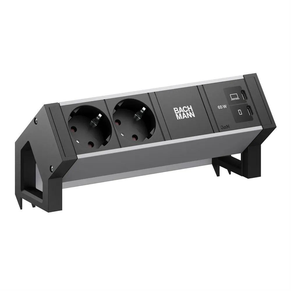 BACHMANN DESK2 ALU BLACK 2xCEE7/3, 1xUSB C/C 65W L=0,2m