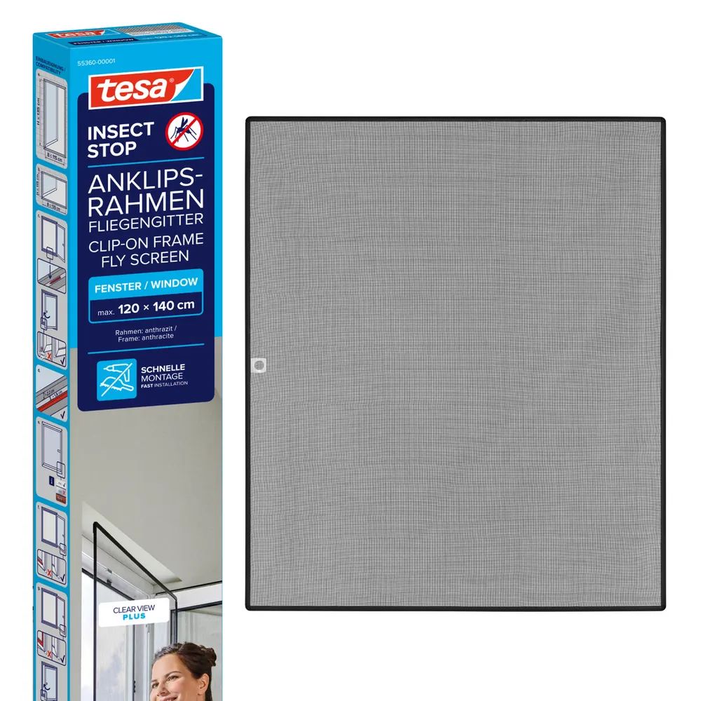 tesa® Clip-On Insektenschutz 1,30 × 1,50 m – zuschneidbar & anklipsbar – für Fensterrahmen