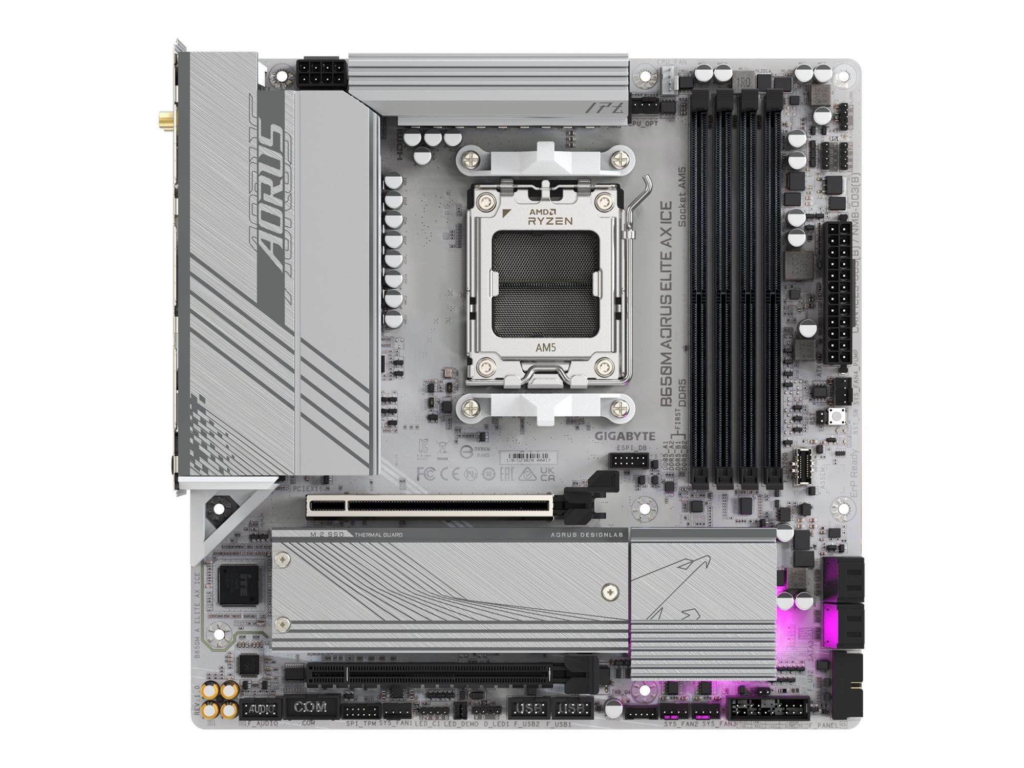 Gigabyte B650M AORUS ELITE AX ICE - Motherboard - micro ATX - Socket AM5 - AMD B650 Chipsatz - USB-C 3.2 Gen2, USB 3.2 Gen 2, USB 3.2 Gen 1, USB-C 3.2 Gen 2x2 - 2.5 Gigabit LAN, Wi-Fi 6E, Bluetooth - Onboard-Grafik (CPU erforderlich)