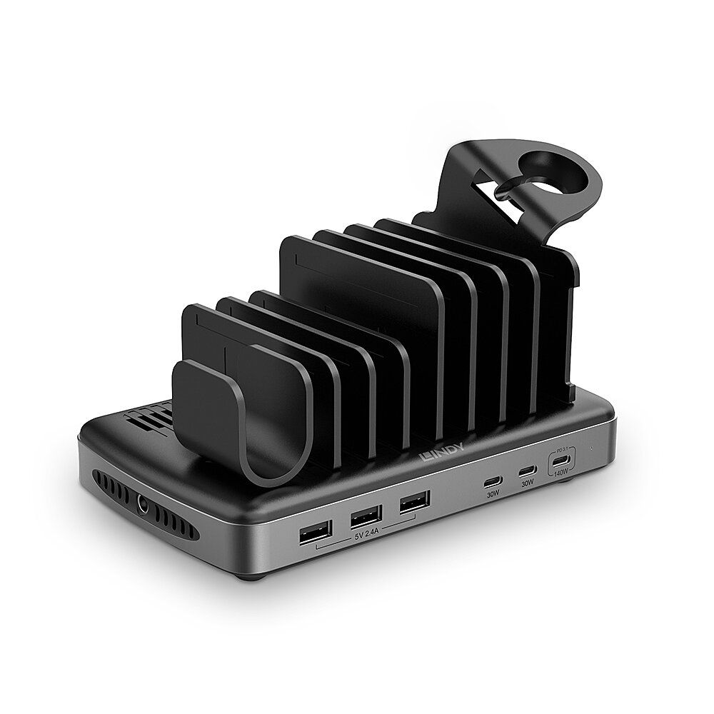 Lindy Ladestation - 160 Watt - PD 2.0, PD 3.0, QC 3.0, QC 4.0, AFC, Power Delivery 3.1, USB BC 1.2, Apple 2.4A, PD/PPS - 6 Ausgabeanschlussstellen (3 x USB Typ A, 3 x USB-C)