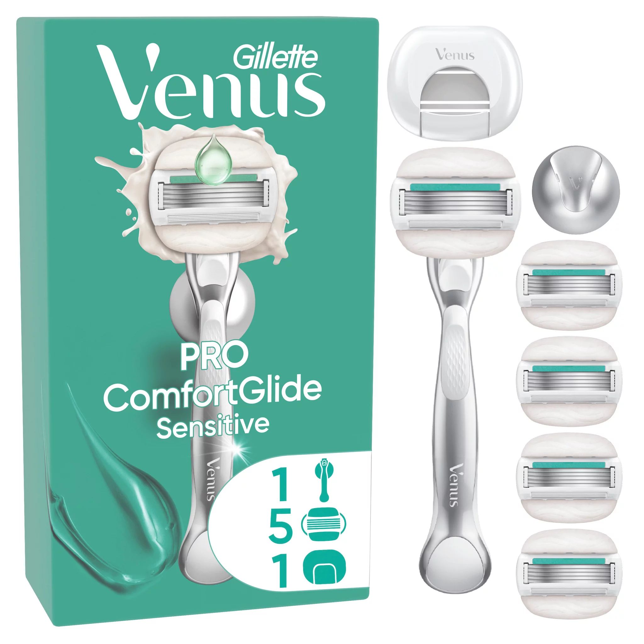 Gillette Venus Pro Comfortglide Sensitive Systemklingen 5er,Handstück,Duschhänger,Reiseschutzkappe