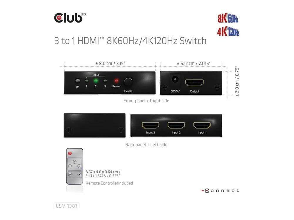 Club 3D CSV-1381 - Video/Audio-Schalter - 3-to-1, 8K 60 Hz/4K 120 Hz