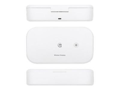 Manhattan UV Phone Sanitizer with Wireless Charger, 10 W Wireless Charging Pad, Integrated UV LEDs to eliminate germs, viruses and bacteria, Quick 1-minute or 5-minute cleaning cycle, Auto-off UV light when opened, White, Three Year Warranty, Retail 