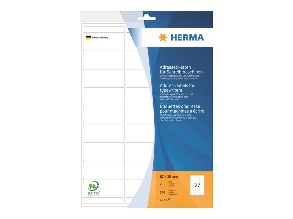 HERMA Address labels for typewriters - Weiß - 30 x 67 mm 540 Etikett(en) (20 Bogen x 27)