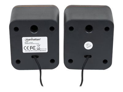 Manhattan 2600 Series Speaker System, Small Size, Big Sound, Two Speakers, Stereo, USB power, Output: 2x 3W, 3.5mm plug for sound, In-Line volume control, Cable 0.9m, Black, Three Year Warranty, Box