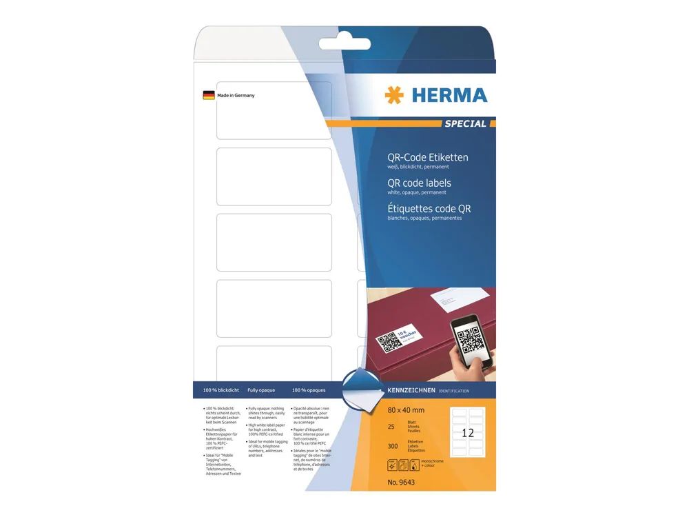 HERMA Special - Papier - matt - permanent selbstklebend - weiß - 80 x 40 mm 300 Etikett(en) (25 Bogen x 12)