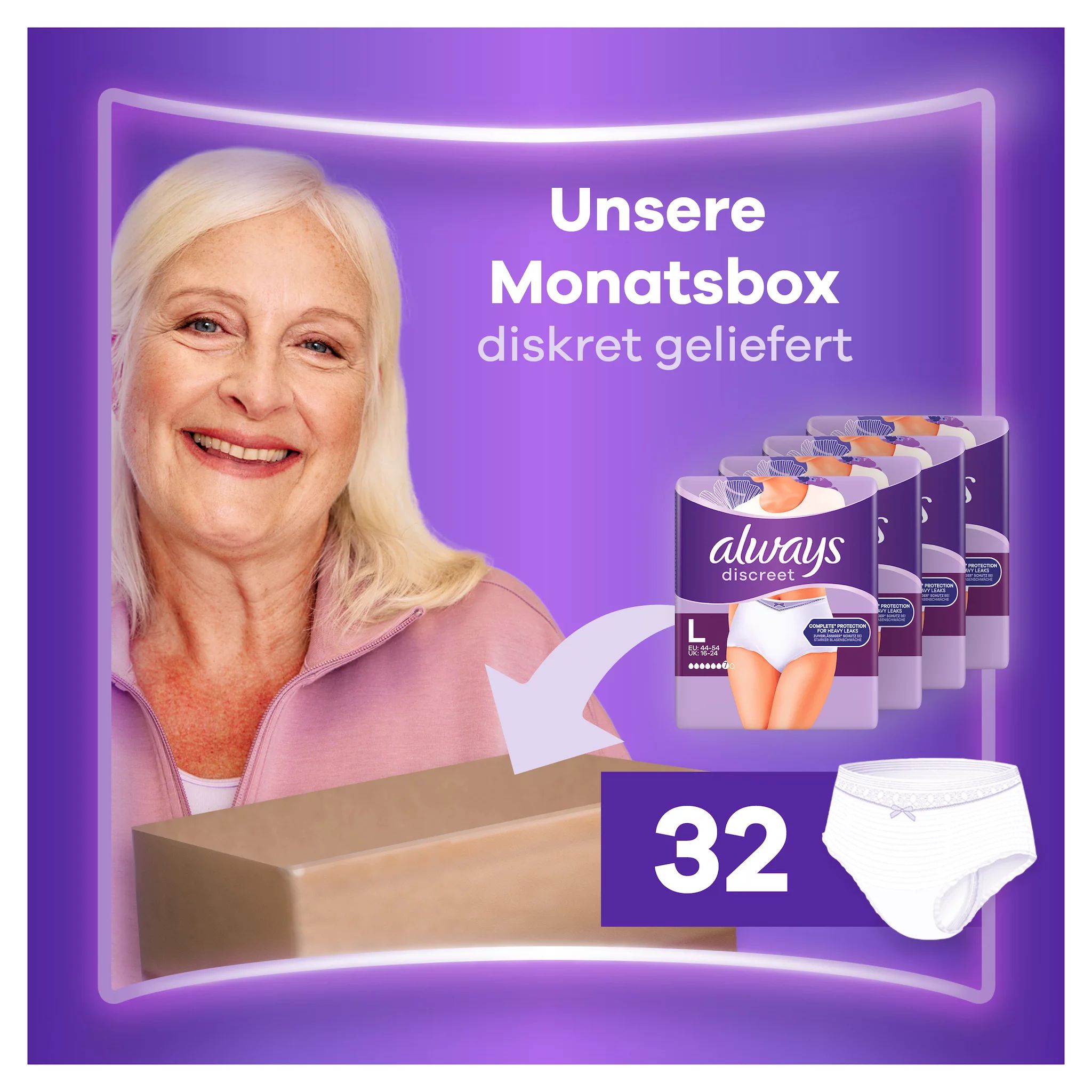 Always Discreet Inkontinenz-Höschen Plus, Größe L, 32 Höschen (4 Packungen x 8 Stück)