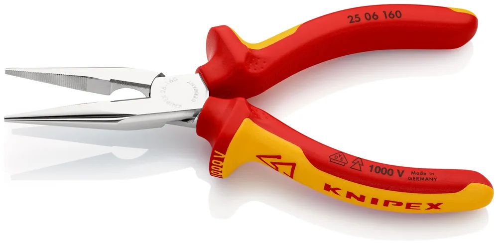 KNIPEX 25 06 160 T Flachrundzange mit Schneide (Radiozange) isoliert mit Mehrkomponenten-Hüllen, VDE-geprüft verchromt 160 mm
