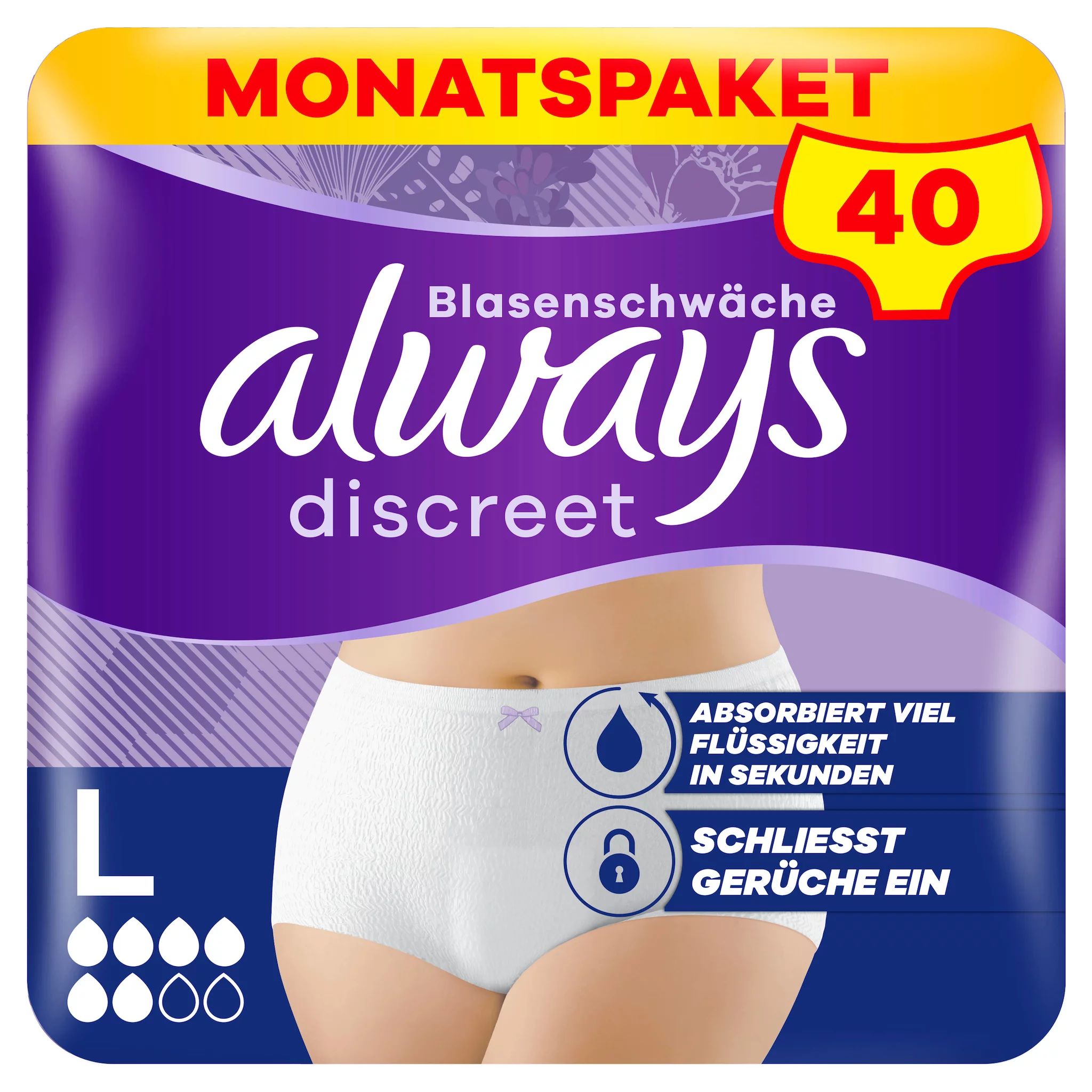 Always Discreet Inkontinenz-Höschen Normal, Größe L, 40 Höschen (4 Packungen x 10 Stück)