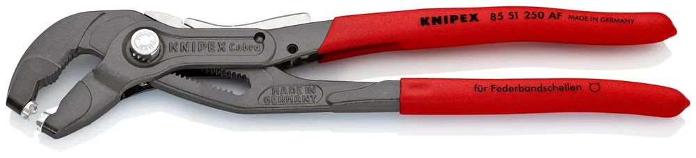 KNIPEX Federbandschellenzange mit Feststeller mit rutschhemmendem Kunststoff überzogen grau atramentiert 250 mm