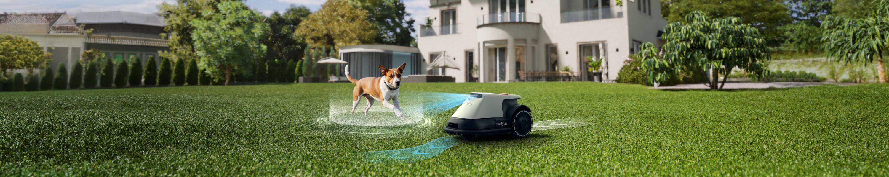 Eufy E15 Mähroboter erkennt einen Hund auf dem Rasen und navigiert intelligent durch den Garten