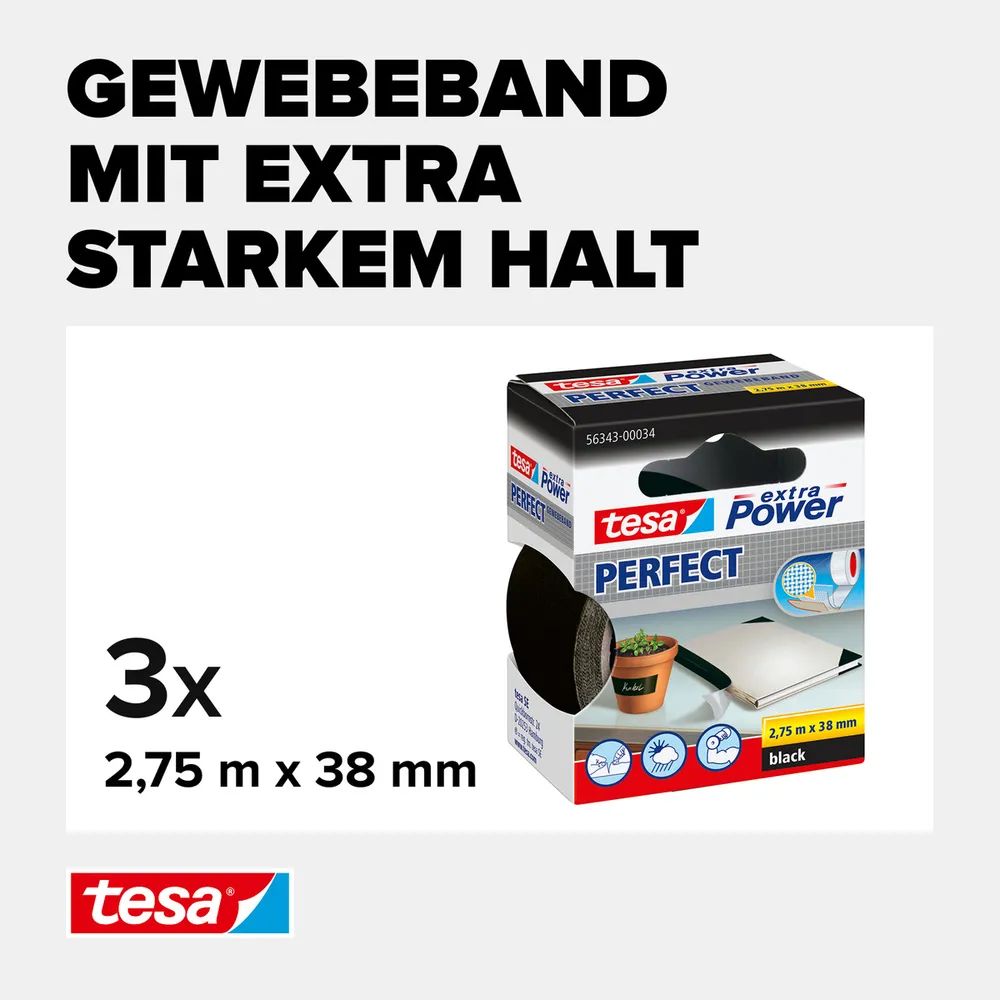 tesa® EXTRA POWER PERFECT Gewebeband schwarz, Dreierpack, Ductape