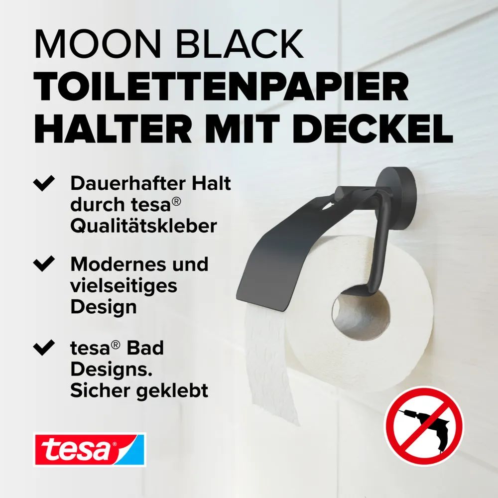 tesa® MOON BLACK Toilettenpapierhalter, matt schwarz, Wandbefestigung