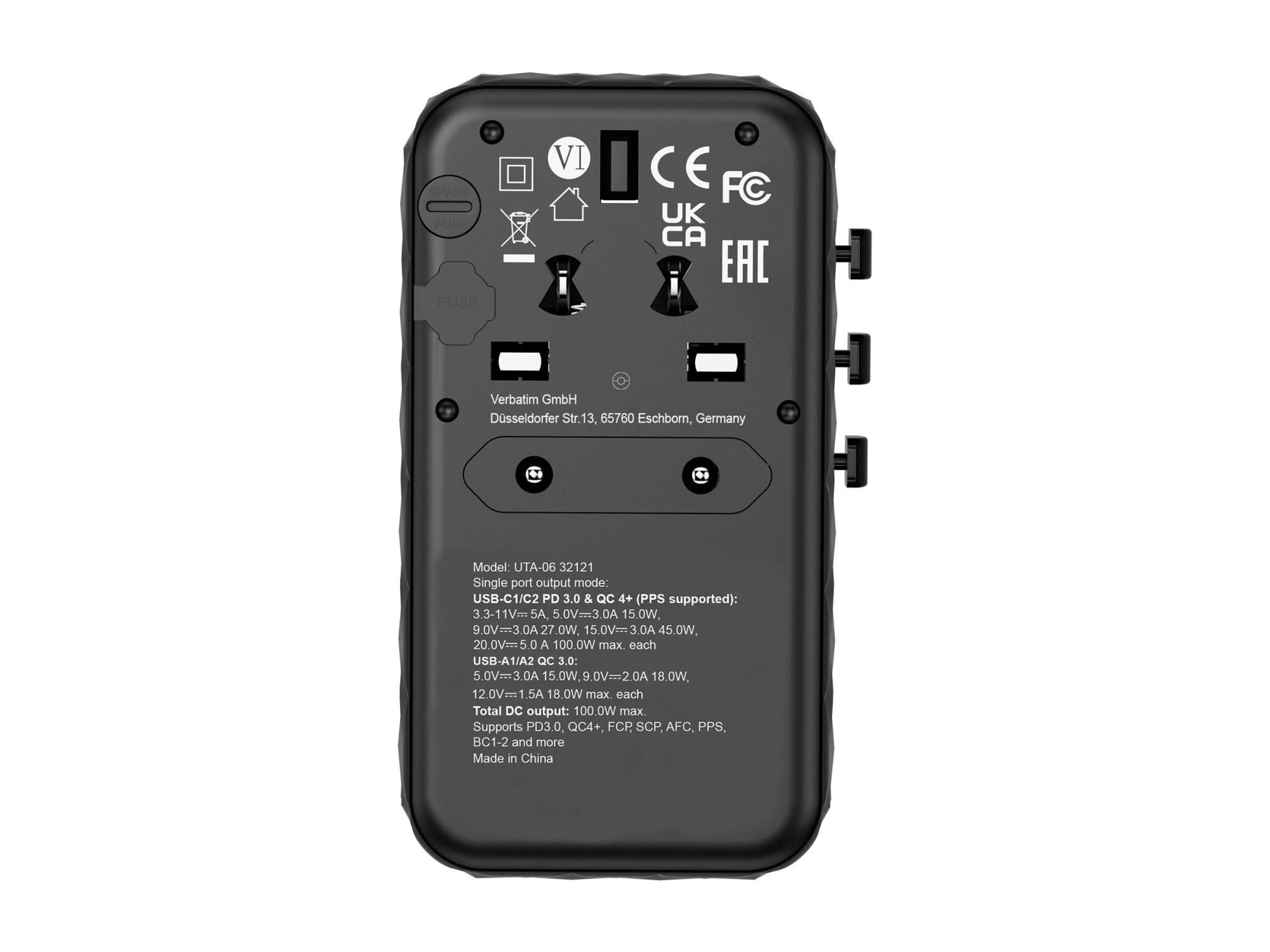 Verbatim UTA-06 - Netzteil - GaN III, Universal - 100 Watt - 5 A - PD 3.0, QC 4.0+, QC 3.0, Fast Charge, Super Charge, Apple Fast Charge, PD/PPS, USB BC 1.2 - 4 Ausgabeanschlussstellen (2 x USB, 2 x USB-C)
