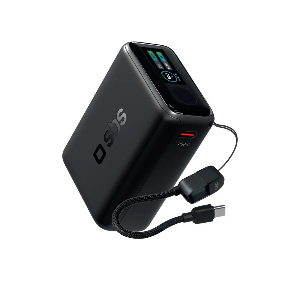 SBS Powerbank 40W PD, 10.000 mAh, 1x USB-C PD, eingebautes TFT Display, inkl. USB-C Kabel