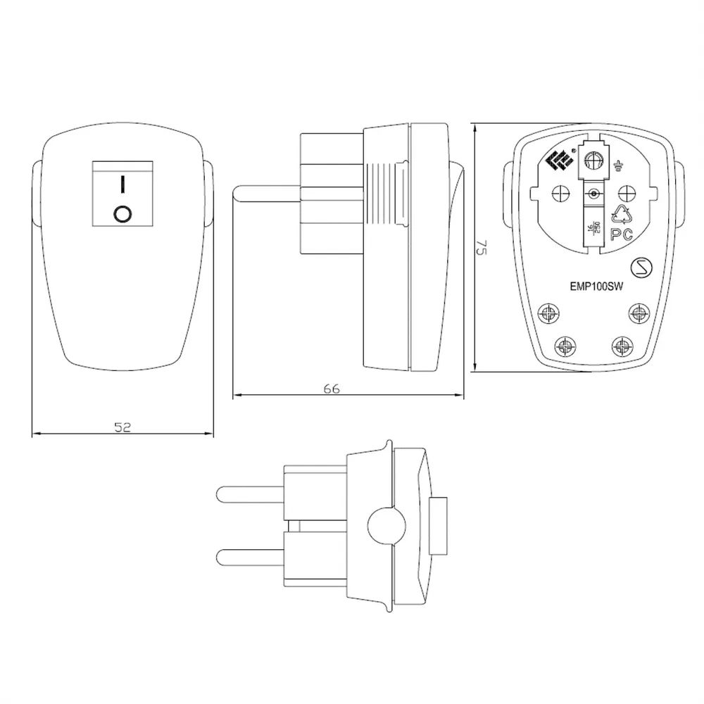 BACHMANN Schutzkontaktstecker, schwarz flach Wippschalter 2-p