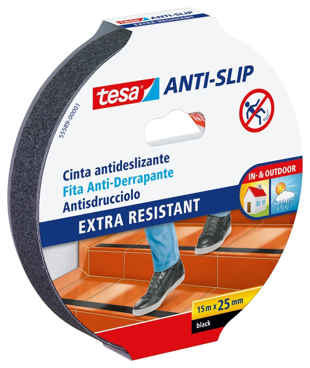 tesa® Anti-Rutschband Schwarz, 15m x 25mm,  für großflächigen Schutz