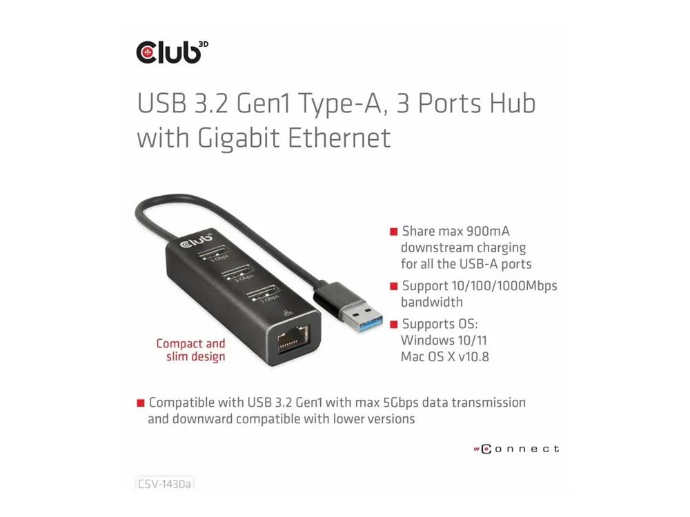 Club 3D CSV-1430A - Hub - 3 x USB 3.2 Gen1 + 1 x 10/100/1000