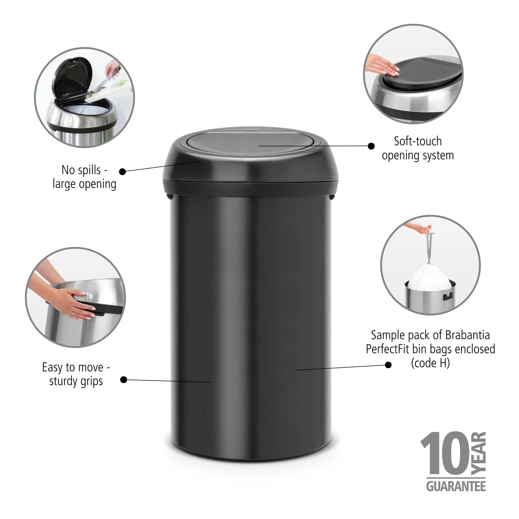 Brabantia Touch Bin, 60L - Matt Black