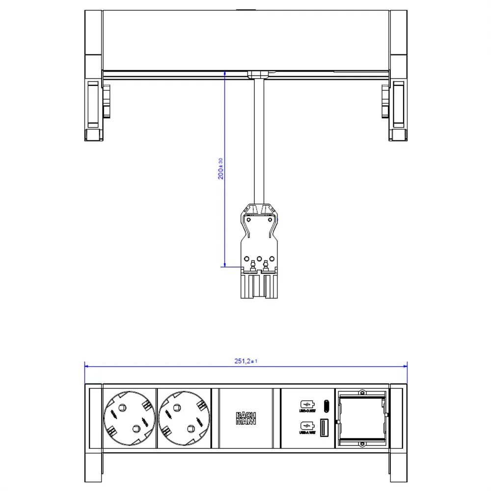 BACHMANN DESK2 ALU BLACK 2xSchutzkt.USB, USB Charger 22W A&C 1xABD 0,2m GST18