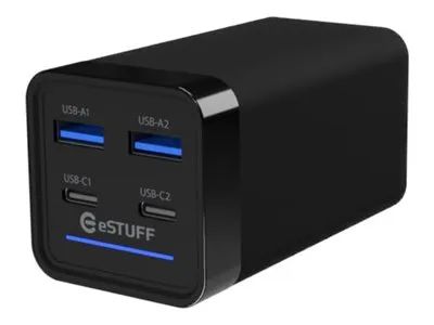 eSTUFF Netzteil - GaN - 65 Watt - PD 3.0, QC 3.0, QC 4.0+, Apple 2.4A, PD/PPS - 4 Ausgabeanschlussstellen (2 x USB-C, 2 x 9-polige USB Typ A)