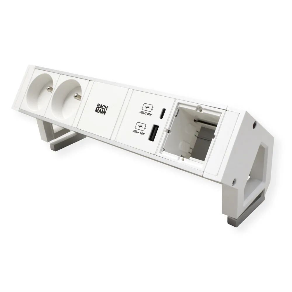 BACHMANN DESK2 ALU WHITE 2xUTE 1xCM 1xUSB A/C 22W 0,2m GST18