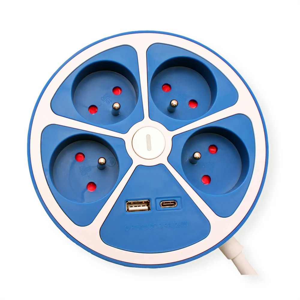ROLINE 4-fach Steckdosenleiste mit Schalter, rund, UTE Version, USB-Charger A+C, blau, 1,5 m