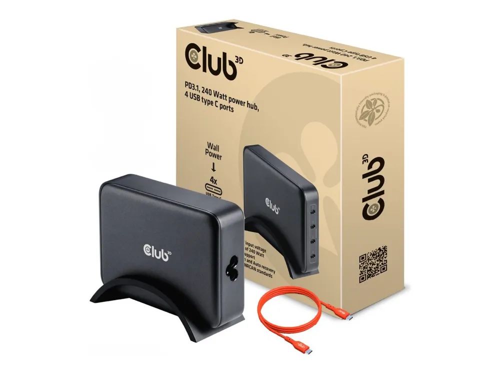 Club 3D Netzteil - GaN-Technologie - 240 Watt - PD 3.1/PPS - 4 Ausgabeanschlussstellen (24 pin USB-C)