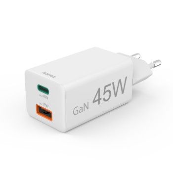 Hama Schnellladegerät, 1x USB-C, 1x USB-A, Mini-Ladegerät, PD, 45 W, Weiß