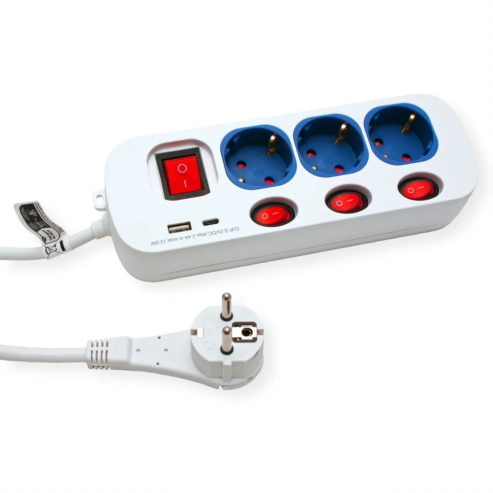 ROLINE 3-fach Steckdosenleiste mit Schalter, USB-Charger A+C, 1,5 m