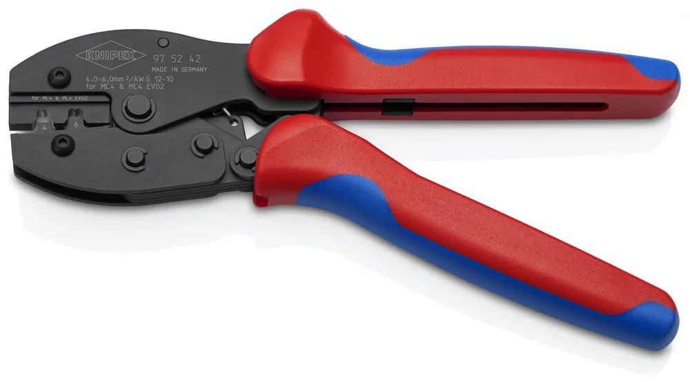 KNIPEX PreciForce® Crimpzange für MC4®-/MC4® EVO 2-Steckverbinder mit rutschhemmenden Kunststoff-Hüllen brüniert 220 mm