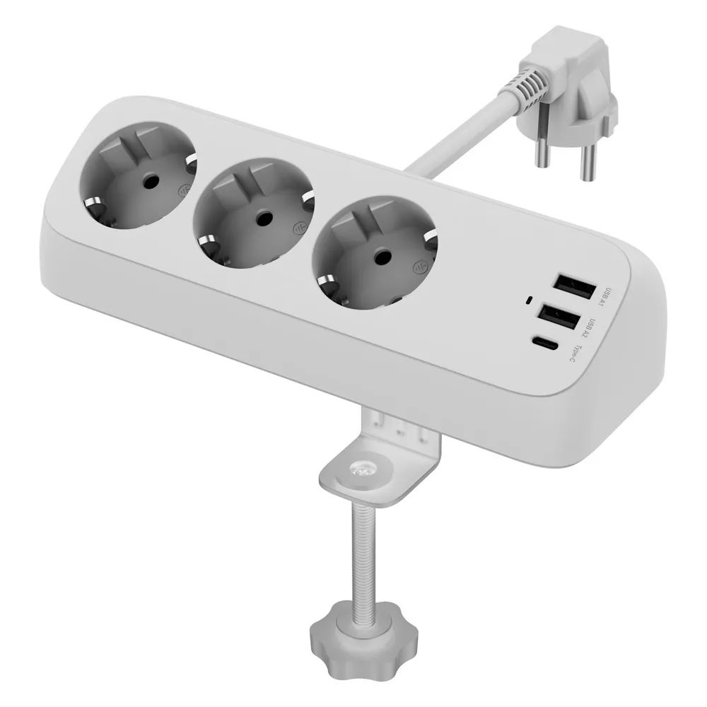 VALUE Tisch-Steckdosenleiste, 3fach mit Schalter, inkl. 3x USB (2x A, 1x C), mit Tischklemme, 1,5 m