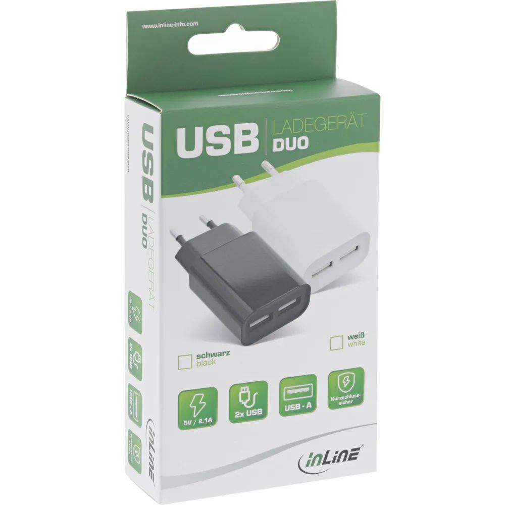 InLine USB Ladegerät DUO - Netzteil 2-fach - 100-240V zu 5V/2.1A - schwarz