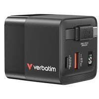 Verbatim GaN Charger 65W Retractable Cable, 2x USB-C, 1x USB-A