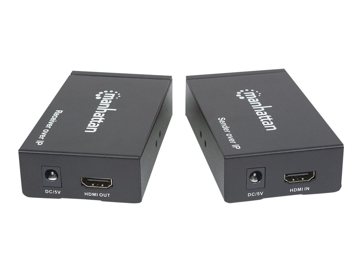 Manhattan 1080p HDMI over IP Extender Kit, Extends 1080p Signal up to 120m with a Network Switch and Single Ethernet Cable, IR Support, Black, Three Year Warranty, Box