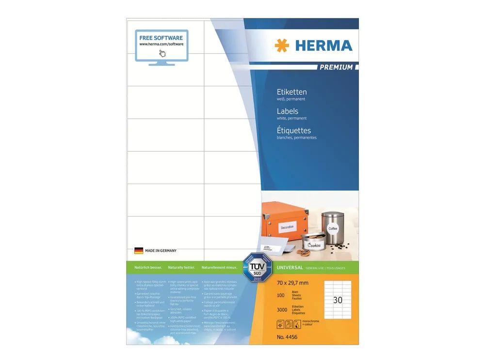 HERMA Premium - Papier - matt - permanent selbstklebend - weiß - 70 x 29.7 mm 3000 Etikett(en) (100 Bogen x 30)