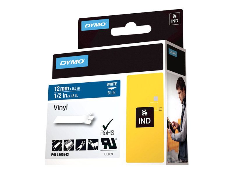 Dymo Rhino Coloured Vinyl - Vinyl - weiß auf blau - Rolle (1,2 cm x 5,5 m)