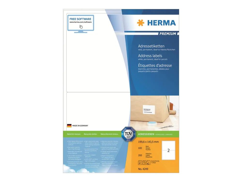 HERMA Premium - Papier - matt - permanent selbstklebend - weiß - 199.6 x 143.5 mm 200 Etikett(en) (100 Bogen x 2)