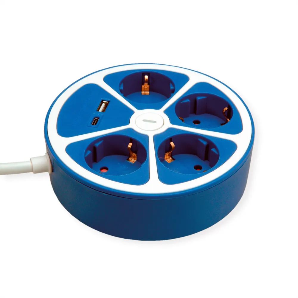 ROLINE 4-fach Steckdosenleiste mit Schalter, rund, USB-Charger A+C, blau, 1,5 m