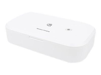 Manhattan UV Phone Sanitizer with Wireless Charger, 10 W Wireless Charging Pad, Integrated UV LEDs to eliminate germs, viruses and bacteria, Quick 1-minute or 5-minute cleaning cycle, Auto-off UV light when opened, White, Three Year Warranty, Retail 