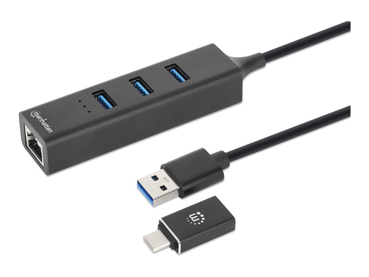 Manhattan 3-Port USB 3.0 Typ-C Typ-A Kombo-Hub mit Gigabit-Netzwerkadapter 5Gbit/s